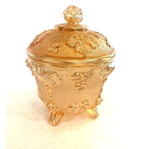 Jeannette Glass Co Amberina Grape Clusters Leaves Footed Candy Dish with Lid